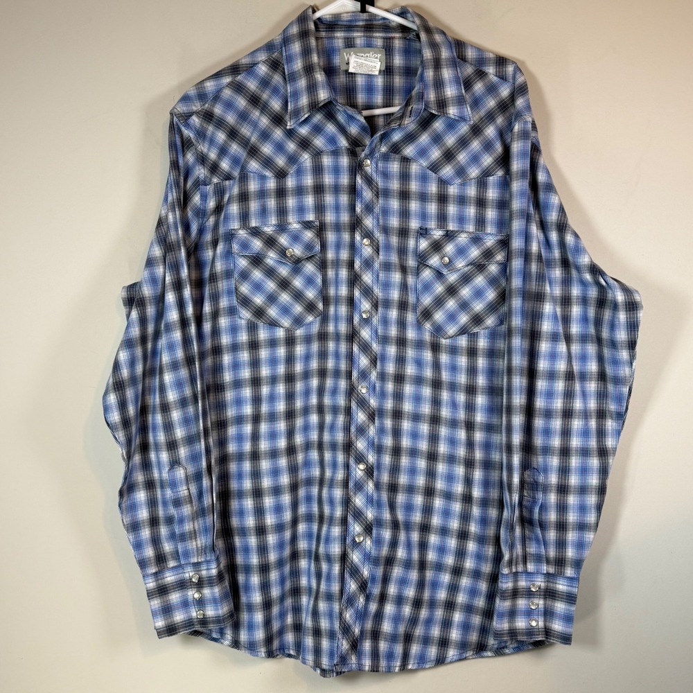 Wrangler Wrancher Western Shirt Mens XL Blue Plaid Pearl Snap Shirt Rodeo Ranch